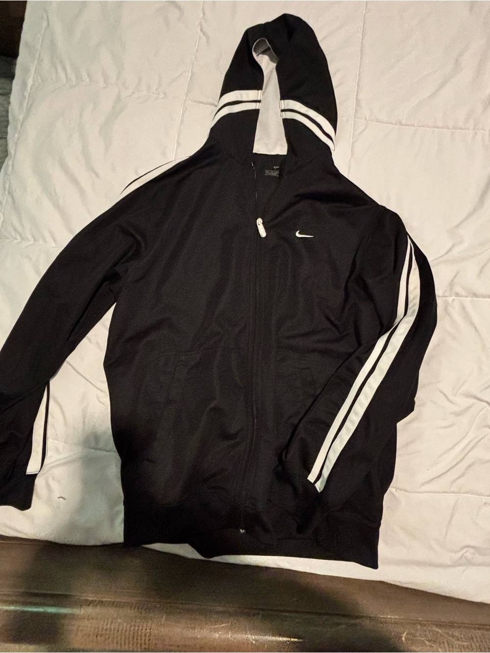 Nike Black Hooded Windbreaker with White Stripe Accents